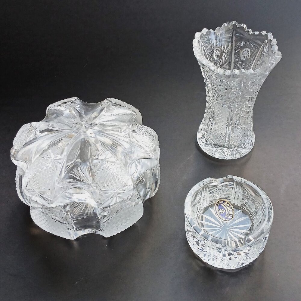 VTG Hand Cut Lead Crystal Queen's Lace Bohemia Czech Lot of 3 Vase Trinket w/Lid